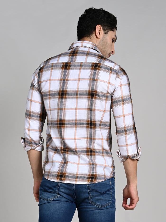 Full Sleeves Slim Fit Khaki Textured Slub Checks Shirt