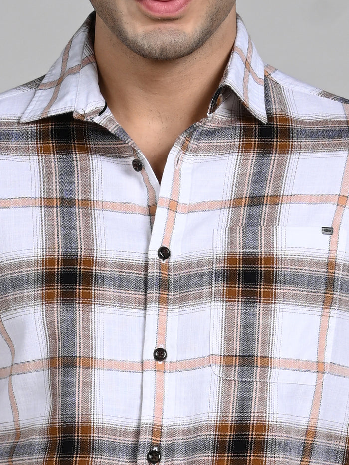 Full Sleeves Slim Fit Khaki Textured Slub Checks Shirt