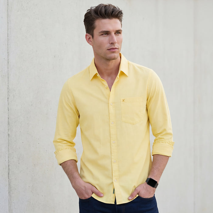 Full Sleeves Slim Fit Lemon  Dobby Structure Button-Down Solid Shirt