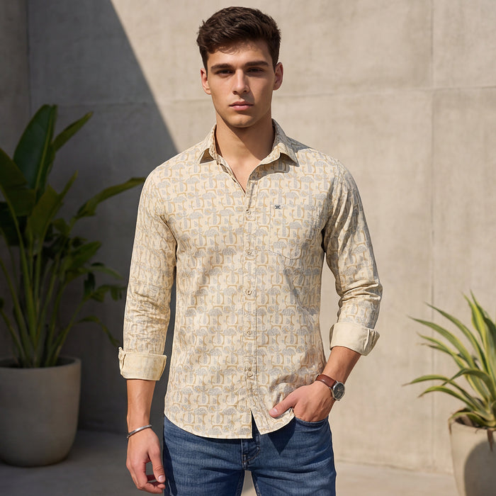 Full Sleeves Slim Fit Lemon Yellow all-over Geometric print Shirt