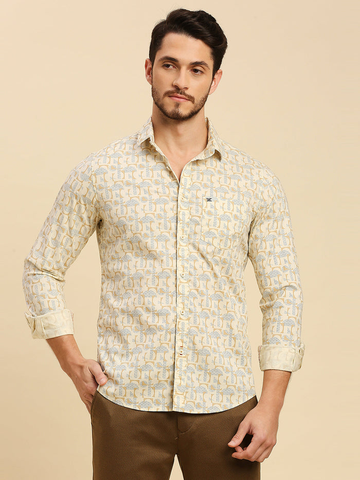 Full Sleeves Slim Fit Lemon Yellow all-over Geometric print Shirt