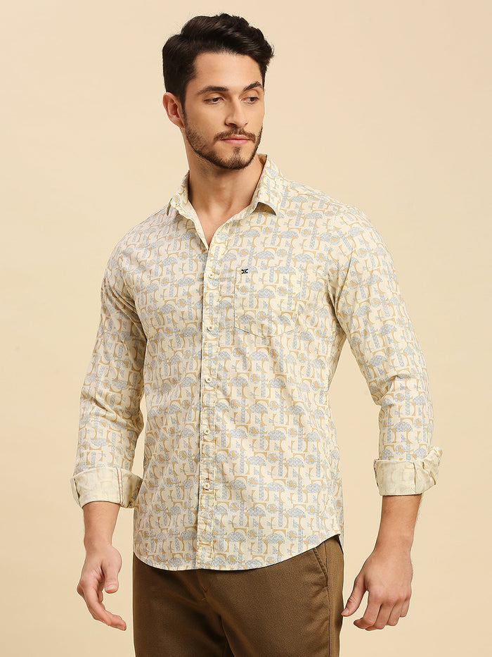 Full Sleeves Slim Fit Lemon Yellow all-over Geometric print Shirt