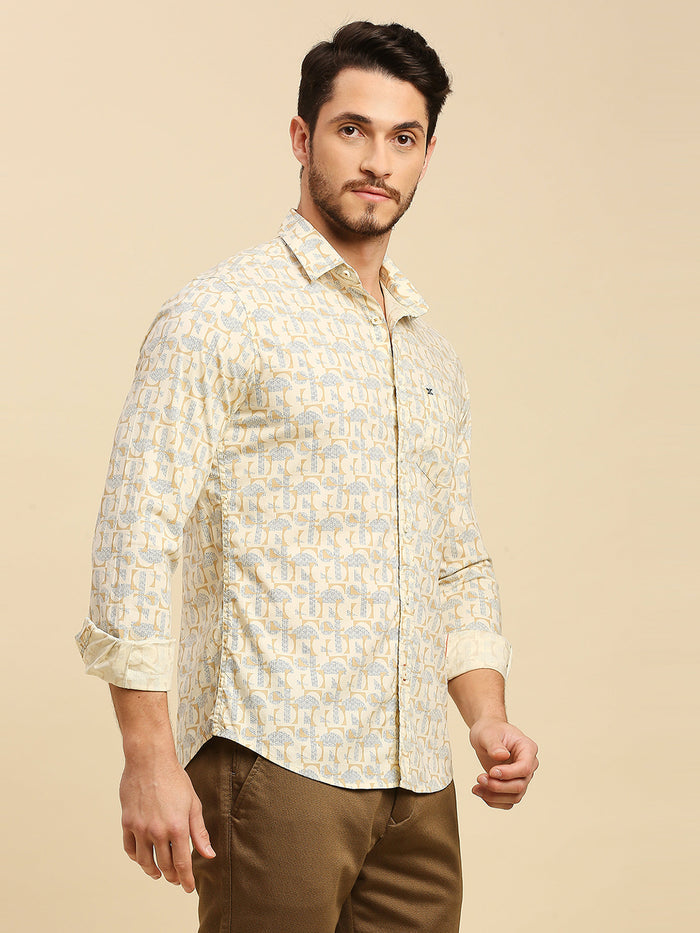 Full Sleeves Slim Fit Lemon Yellow all-over Geometric print Shirt