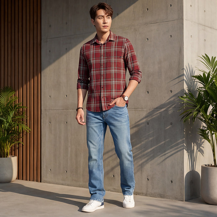 Full Sleeves Slim Fit Maroon Cavalry Checks Shirt
