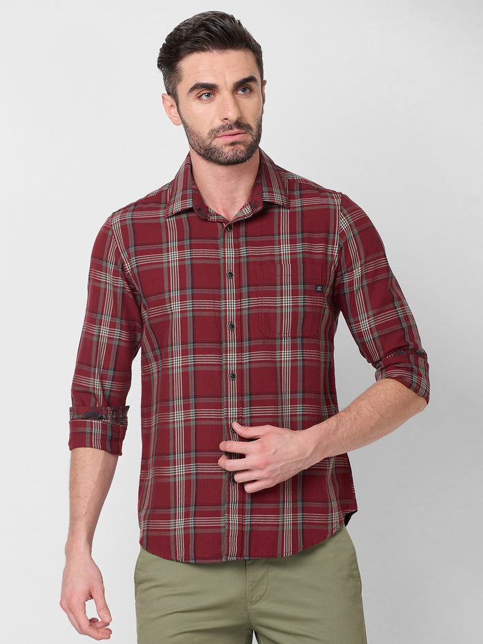 Full Sleeves Slim Fit Maroon Cavalry Checks Shirt