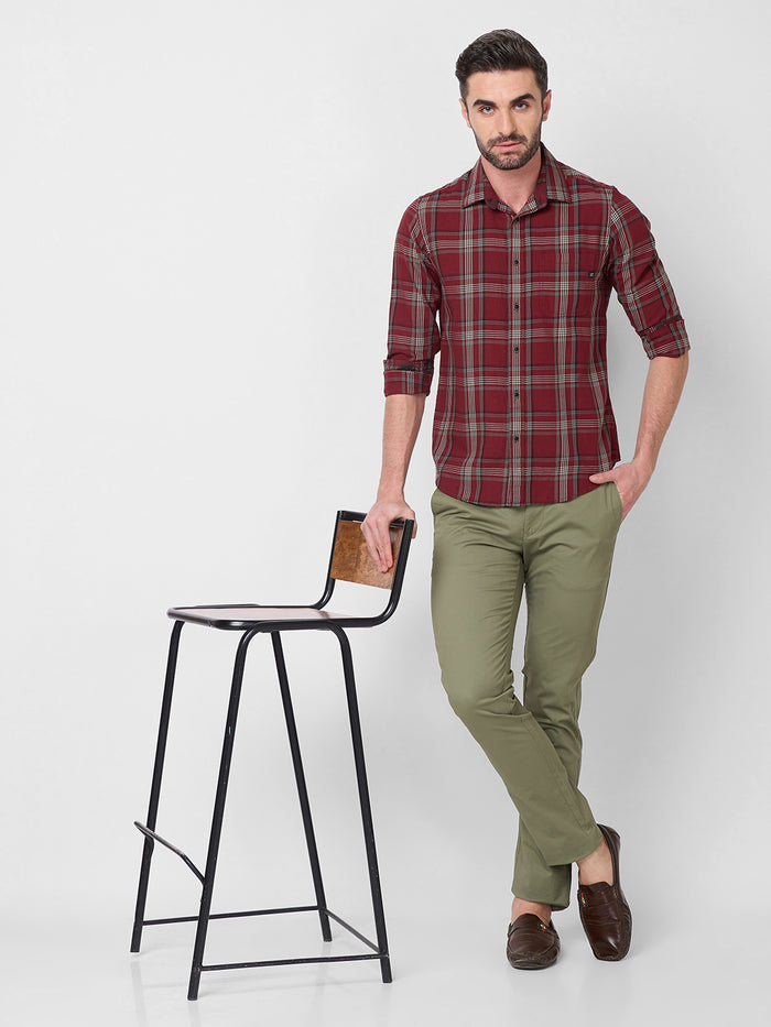 Full Sleeves Slim Fit Maroon Cavalry Checks Shirt