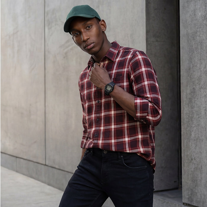 Full Sleeves Slim Fit Maroon Herringbone Structure Checks Shirt