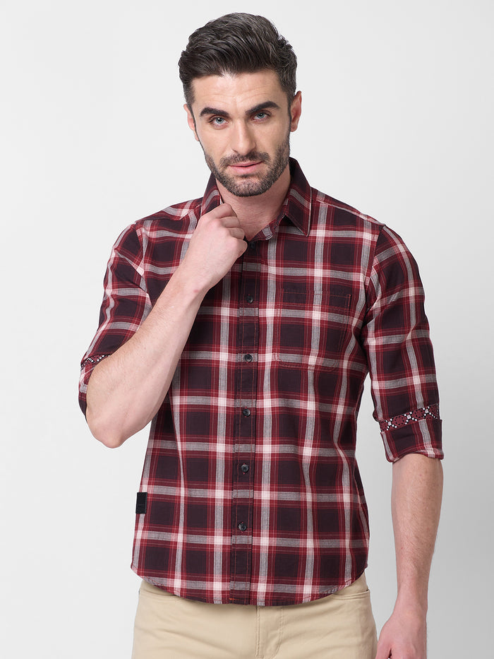Full Sleeves Slim Fit Maroon Herringbone Structure Checks Shirt