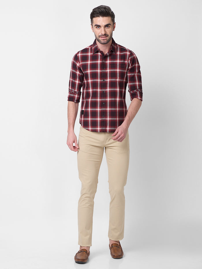 Full Sleeves Slim Fit Maroon Herringbone Structure Checks Shirt
