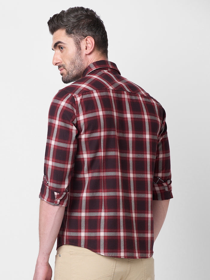 Full Sleeves Slim Fit Maroon Herringbone Structure Checks Shirt