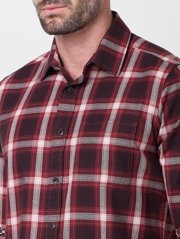 Full Sleeves Slim Fit Maroon Herringbone Structure Checks Shirt