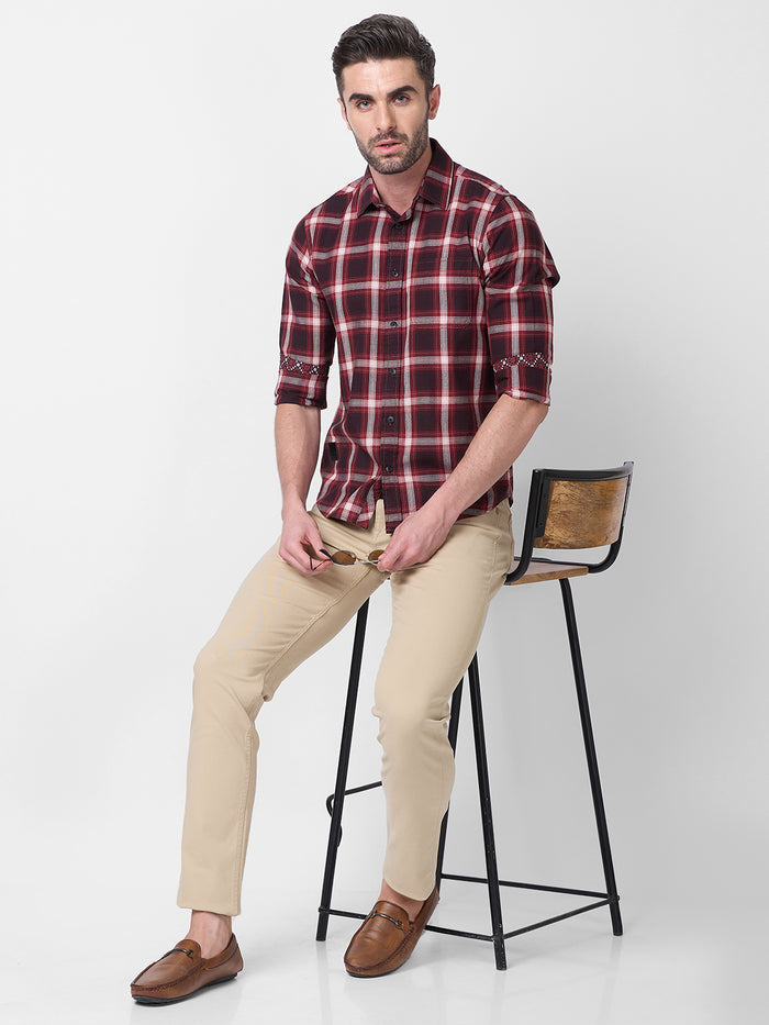 Full Sleeves Slim Fit Maroon Herringbone Structure Checks Shirt