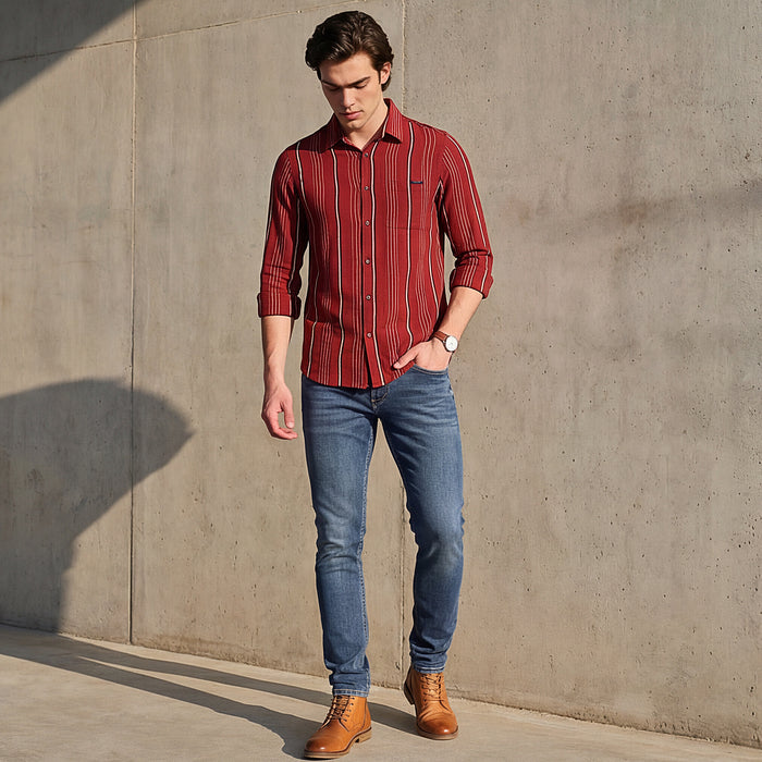 Full Sleeves Slim Fit Maroon Structure Stripe Shirt