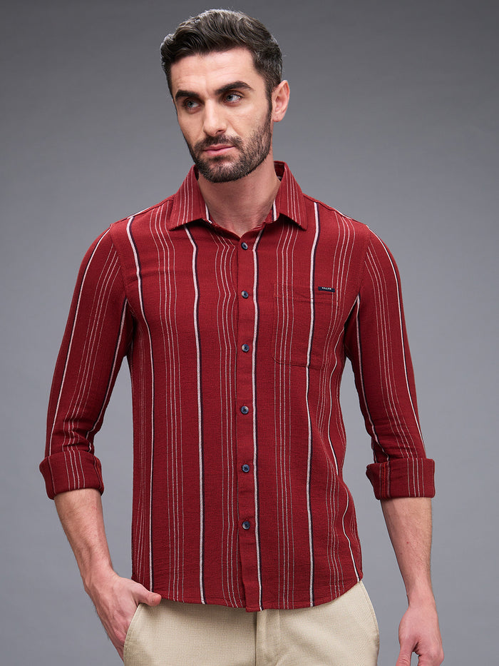 Full Sleeves Slim Fit Maroon Structure Stripe Shirt