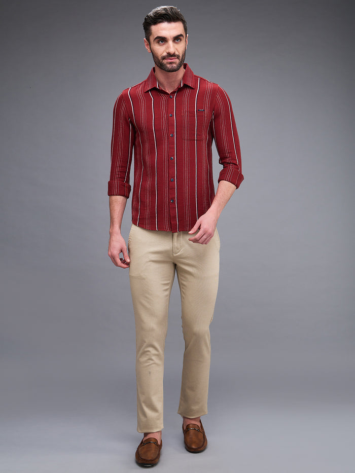 Full Sleeves Slim Fit Maroon Structure Stripe Shirt