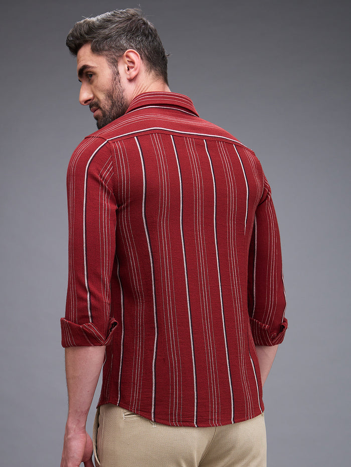 Full Sleeves Slim Fit Maroon Structure Stripe Shirt