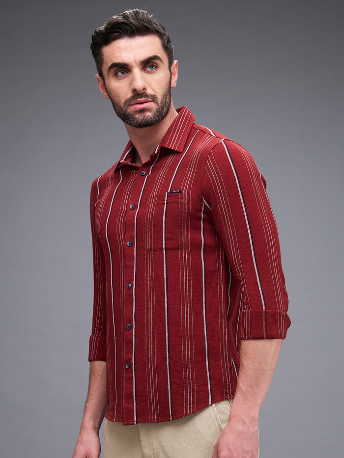 Full Sleeves Slim Fit Maroon Structure Stripe Shirt