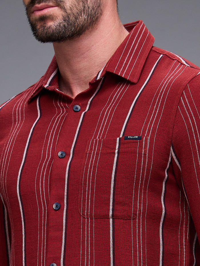 Full Sleeves Slim Fit Maroon Structure Stripe Shirt