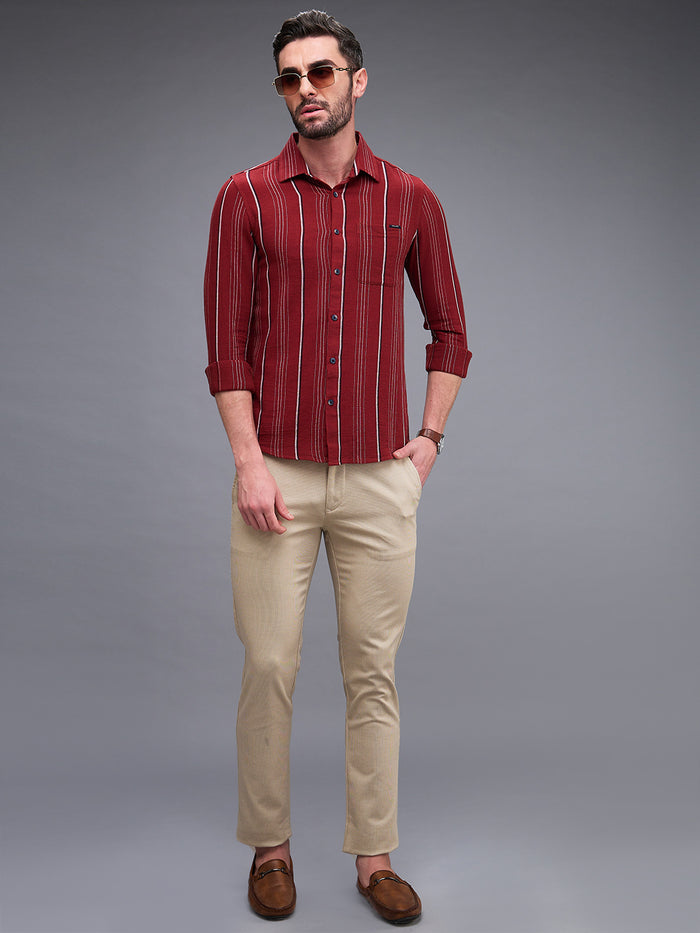 Full Sleeves Slim Fit Maroon Structure Stripe Shirt