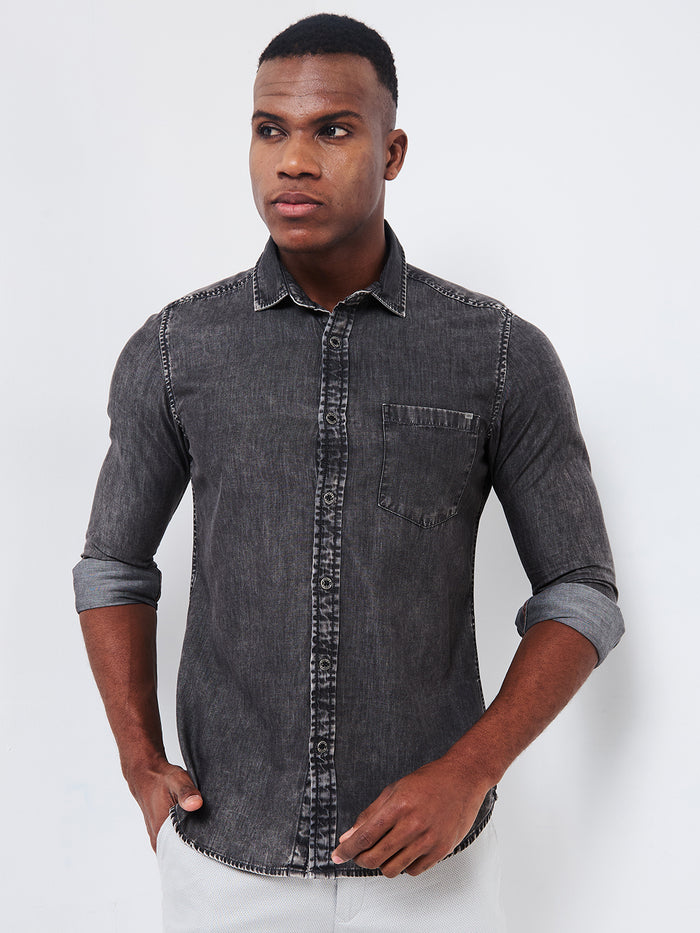 Full sleeves Slim Fit Mid Black Wash Indigo Solid Shirt