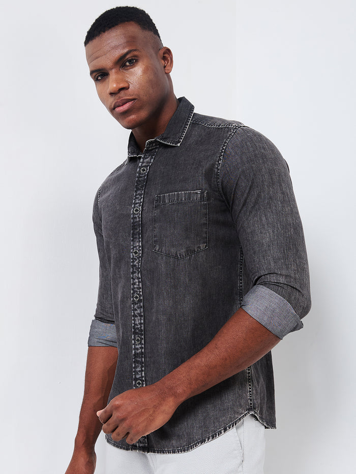 Full sleeves Slim Fit Mid Black Wash Indigo Solid Shirt