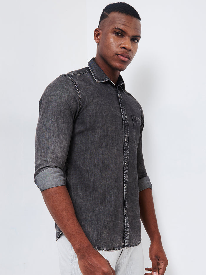 Full sleeves Slim Fit Mid Black Wash Indigo Solid Shirt