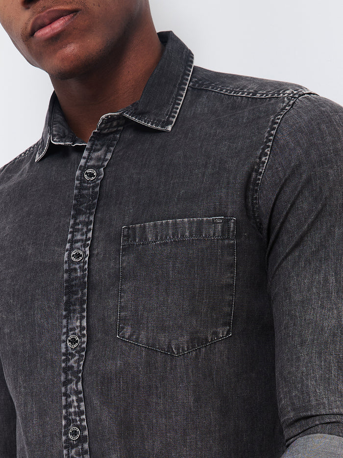 Full sleeves Slim Fit Mid Black Wash Indigo Solid Shirt