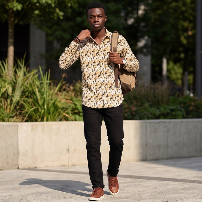 Full sleeves Slim Fit Mustard All-Over Camou Waffle Dobby Print Shirt