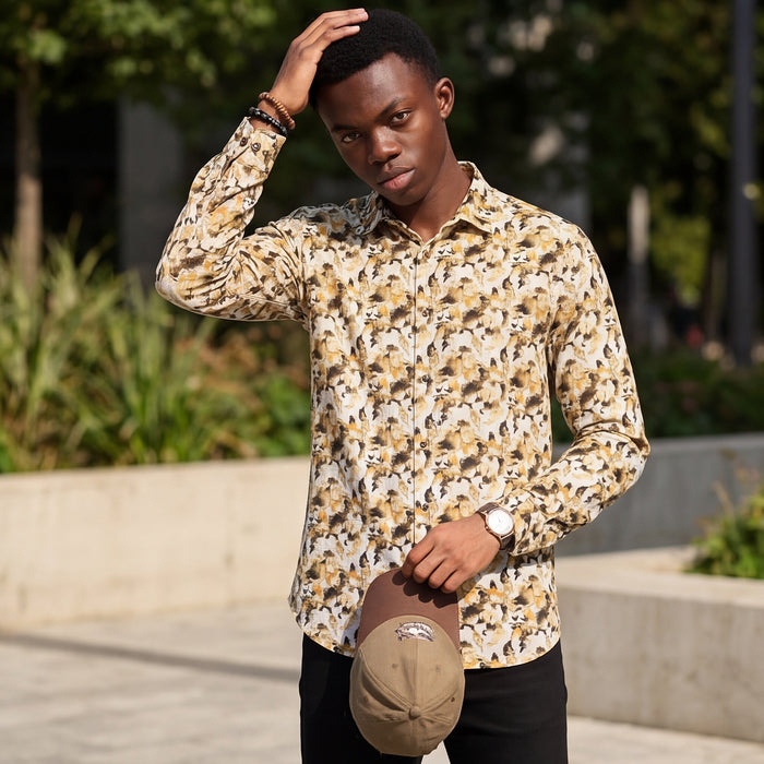 Full sleeves Slim Fit Mustard All-Over Camou Waffle Dobby Print Shirt
