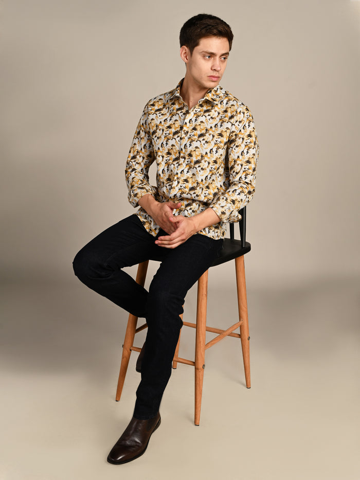 Full sleeves Slim Fit Mustard All-Over Camou Waffle Dobby Print Shirt