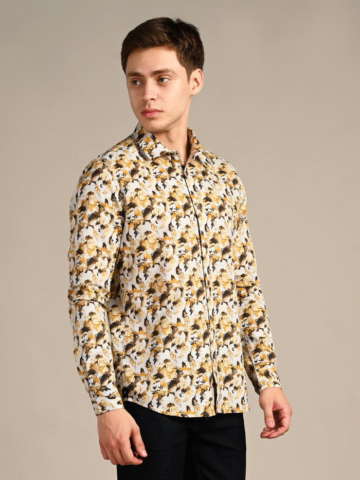 Full sleeves Slim Fit Mustard All-Over Camou Waffle Dobby Print Shirt