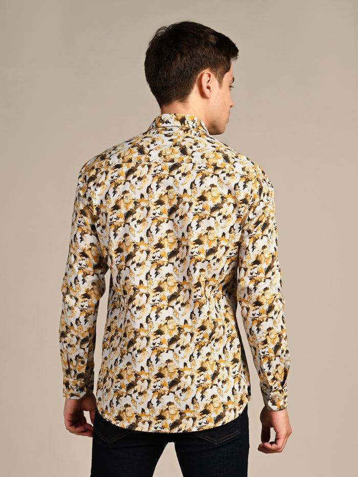 Full sleeves Slim Fit Mustard All-Over Camou Waffle Dobby Print Shirt