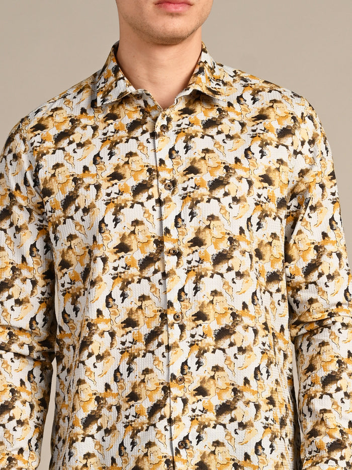 Full sleeves Slim Fit Mustard All-Over Camou Waffle Dobby Print Shirt