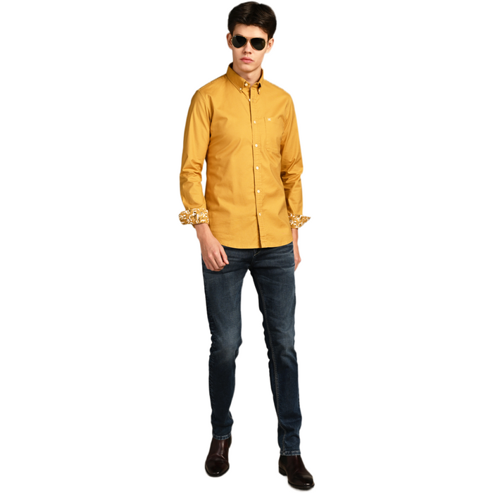 Full Sleeves Slim Fit Mustard Button-Down Oxford Solid Shirt