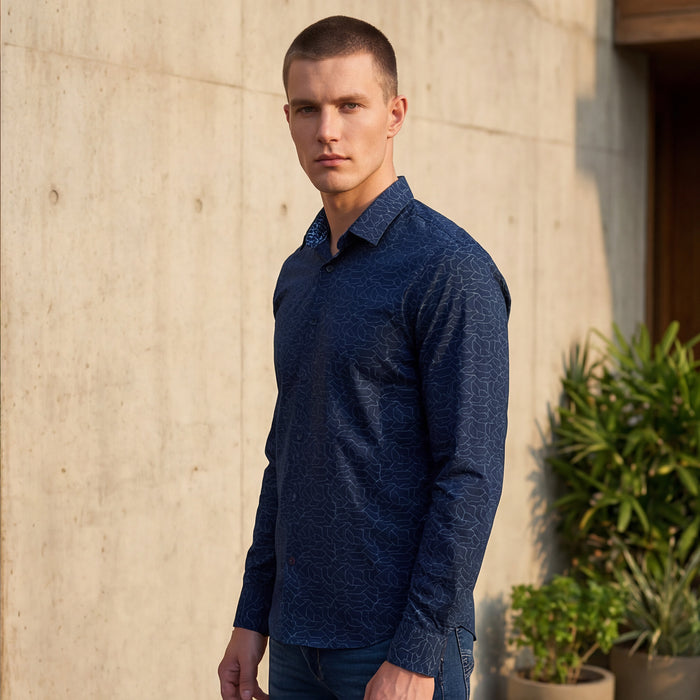 Full sleeves Slim Fit Navy Abstract Linear Geometric Print Shirt