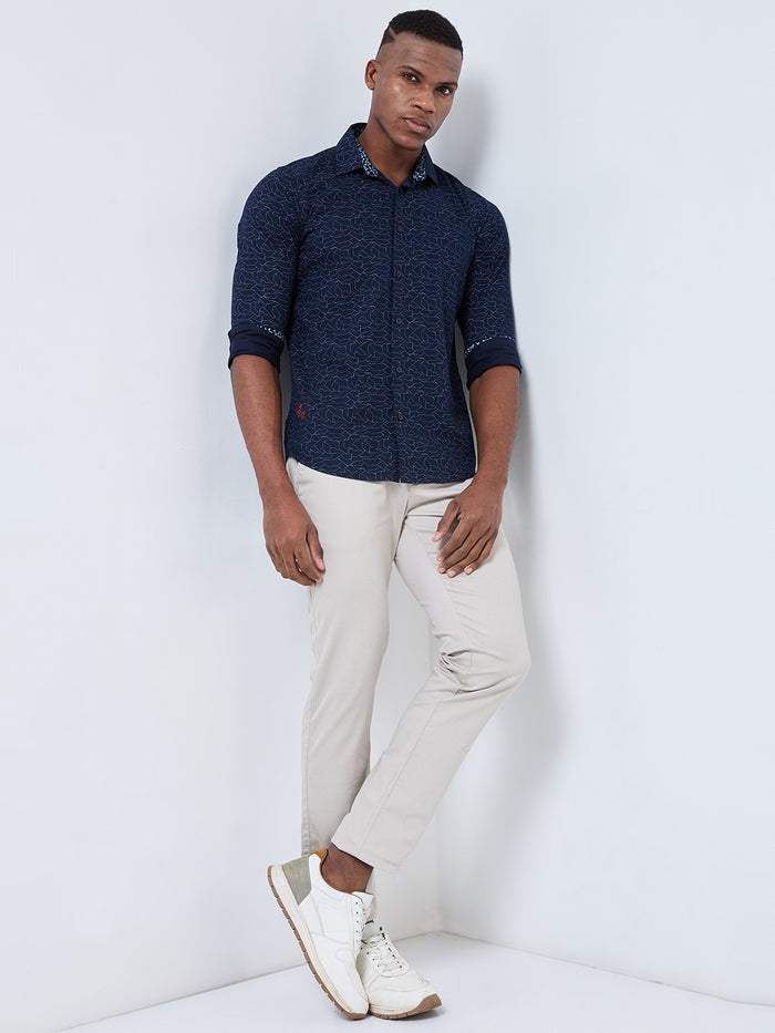 Full sleeves Slim Fit Navy Abstract Linear Geometric Print Shirt