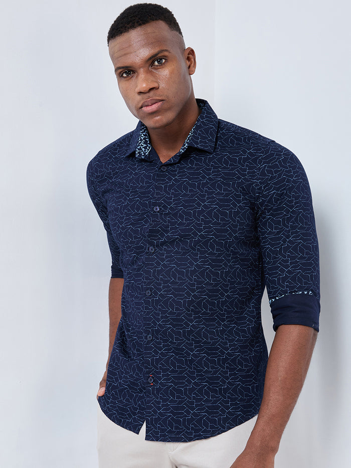Full sleeves Slim Fit Navy Abstract Linear Geometric Print Shirt