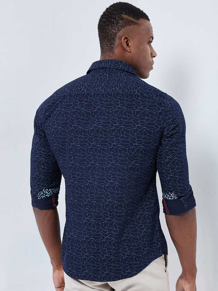Full sleeves Slim Fit Navy Abstract Linear Geometric Print Shirt