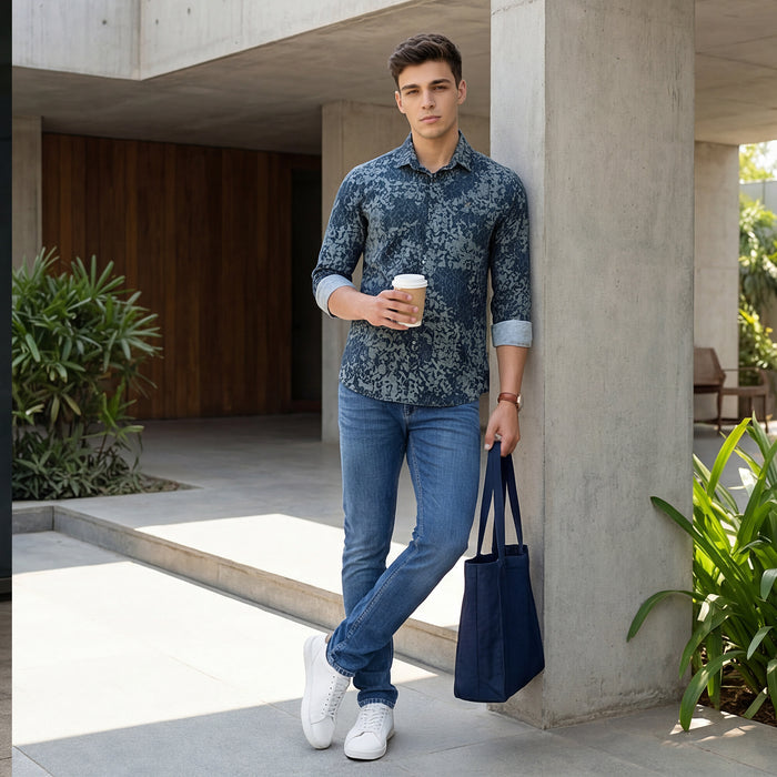Full Sleeves Slim Fit Navy all-over Abstract Geometric print Shirt