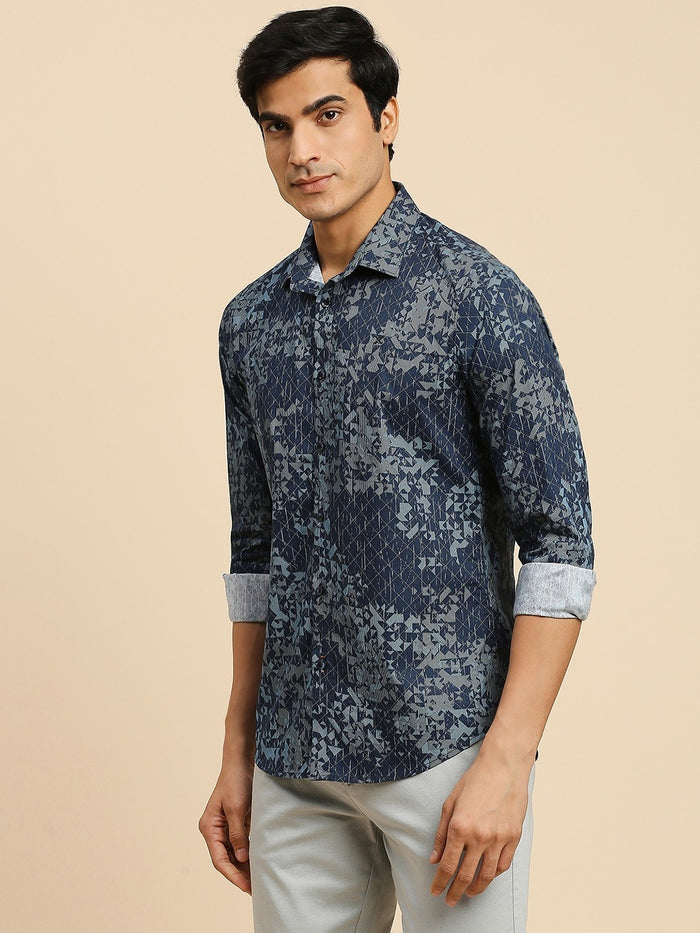 Full Sleeves Slim Fit Navy all-over Abstract Geometric print Shirt