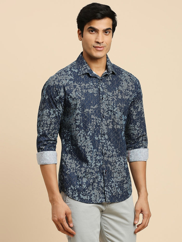 Full Sleeves Slim Fit Navy all-over Abstract Geometric print Shirt
