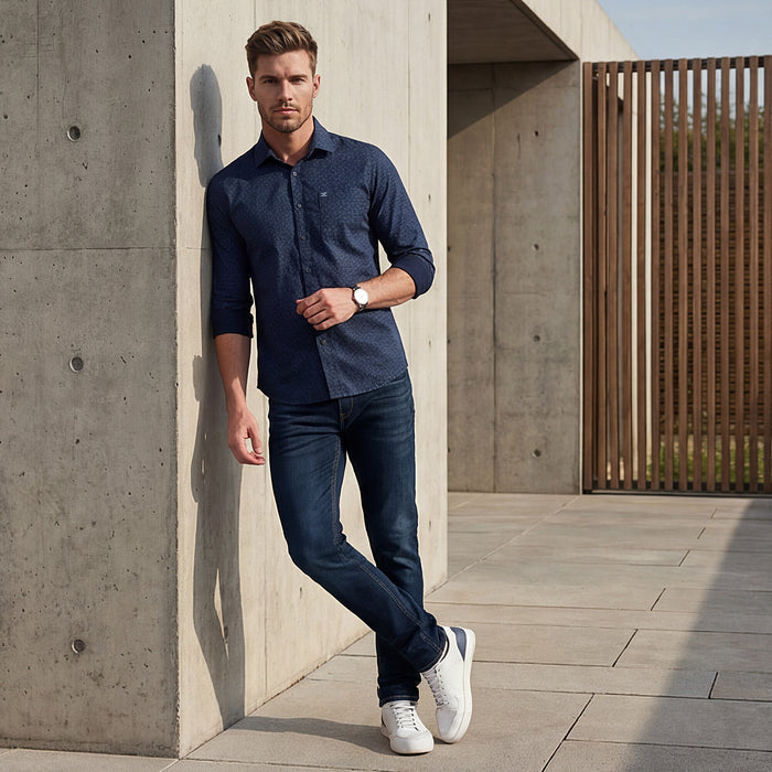 Full sleeves Slim Fit Navy All-Over Micro Geometric Print Shirt