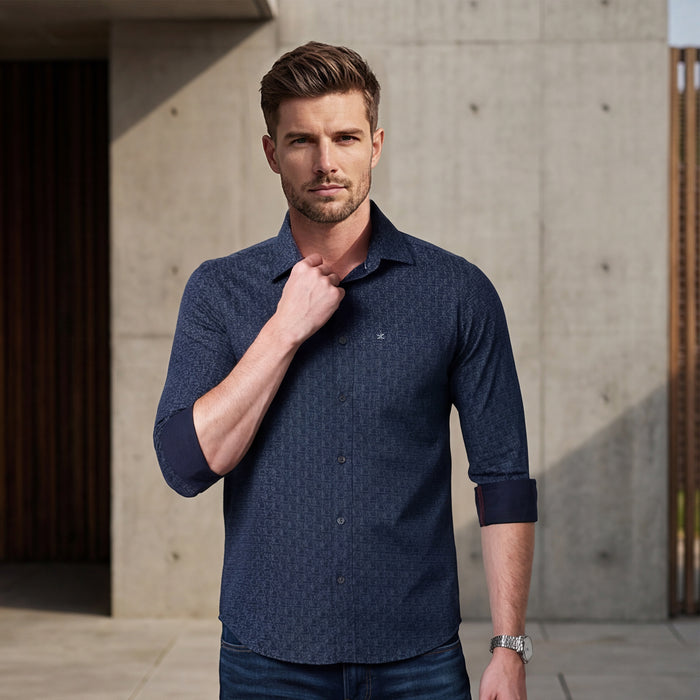 Full sleeves Slim Fit Navy All-Over Micro Geometric Print Shirt