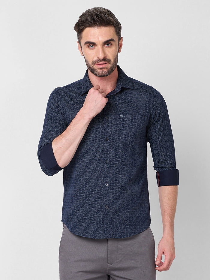 Full sleeves Slim Fit Navy All-Over Micro Geometric Print Shirt