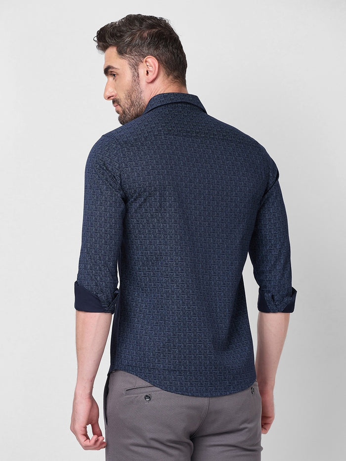 Full sleeves Slim Fit Navy All-Over Micro Geometric Print Shirt