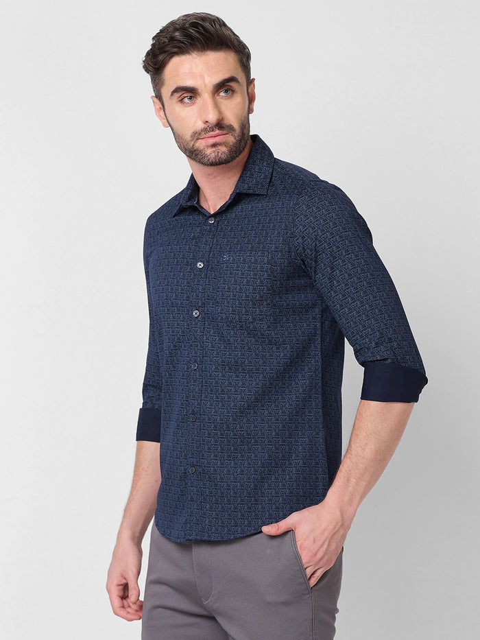 Full sleeves Slim Fit Navy All-Over Micro Geometric Print Shirt