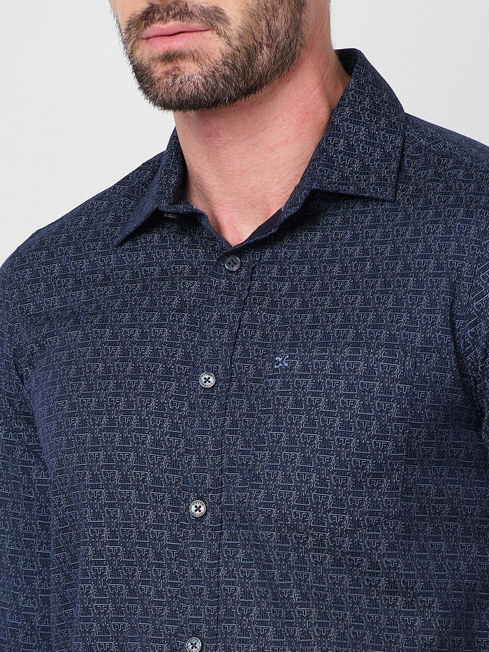 Full sleeves Slim Fit Navy All-Over Micro Geometric Print Shirt