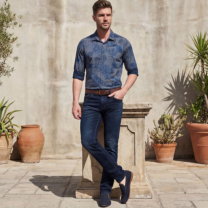 Full sleeves Slim Fit Navy all over Tonal Patchwork Paisley Print Shirt