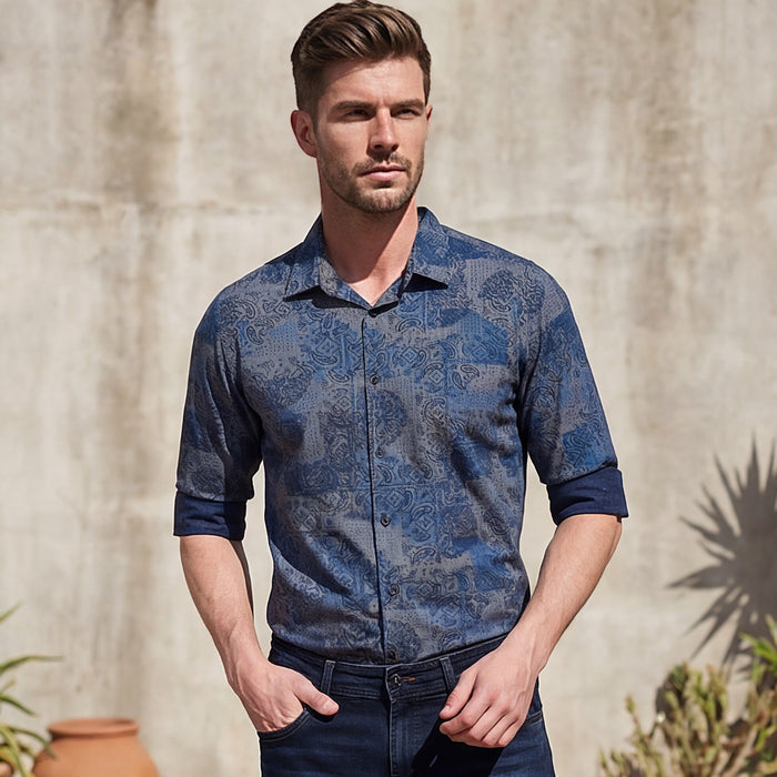 Full sleeves Slim Fit Navy all over Tonal Patchwork Paisley Print Shirt