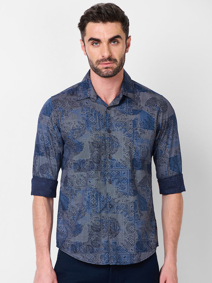 Full sleeves Slim Fit Navy all over Tonal Patchwork Paisley Print Shirt